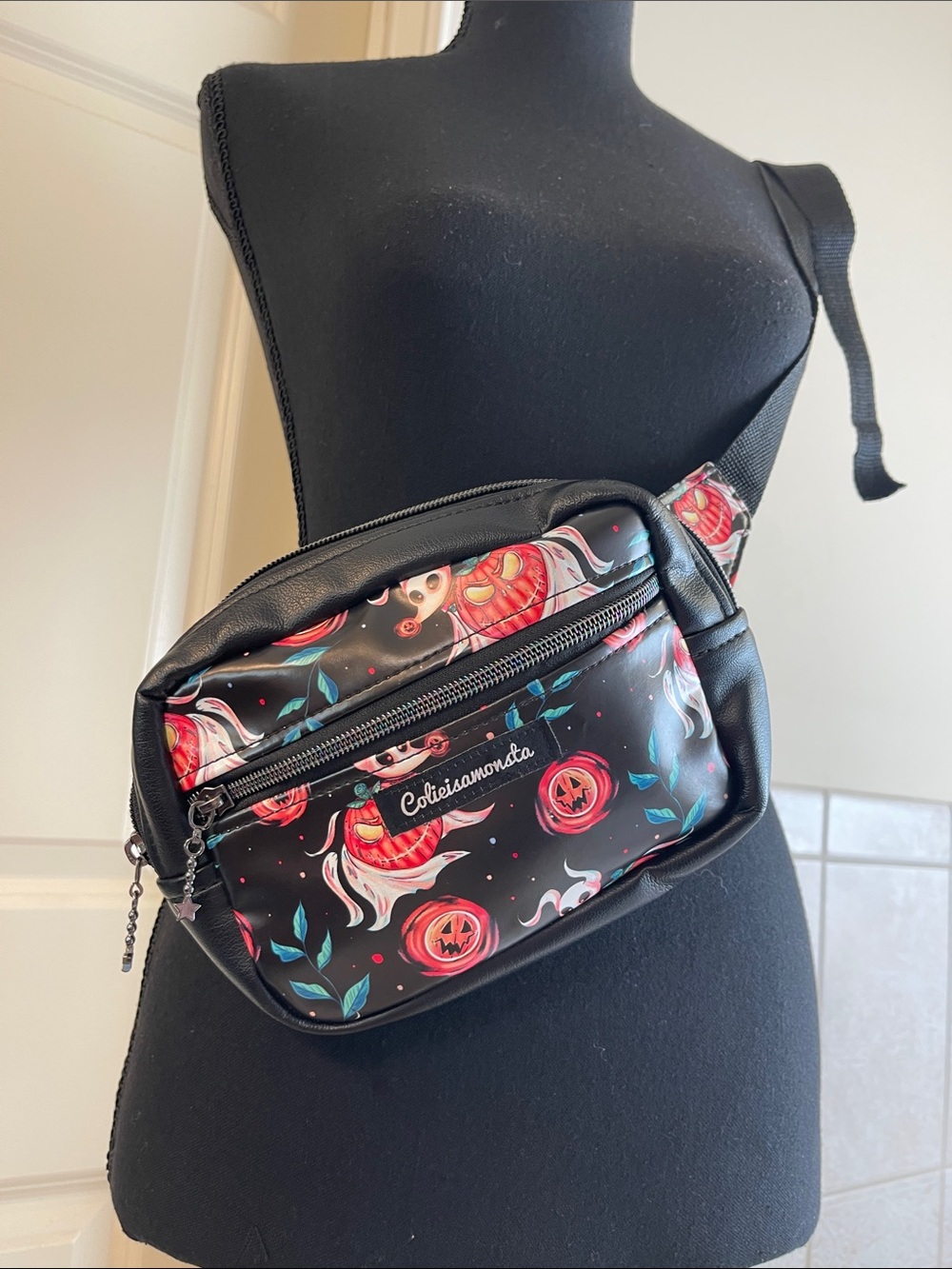 Black Floral Zero and Pumpkin Crossbody Belt Bag